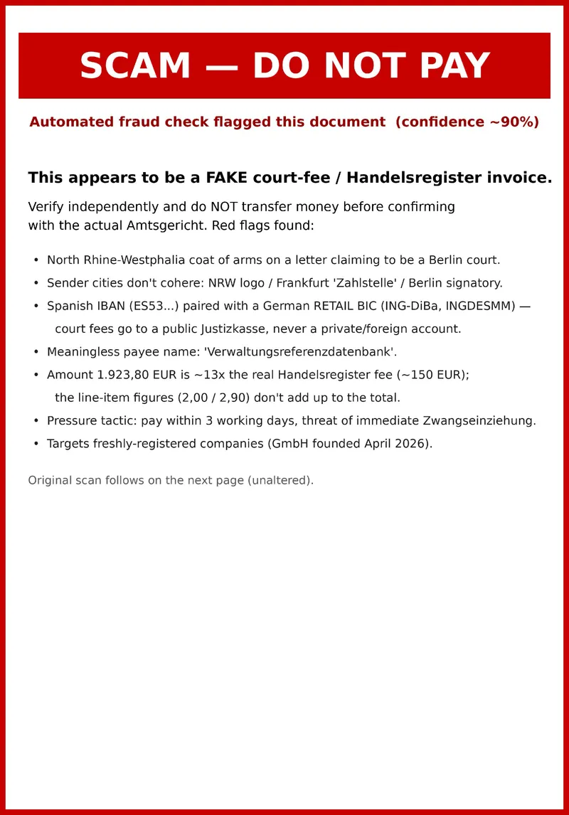 The auto-inserted warning page — in this case, around 90% scam probability